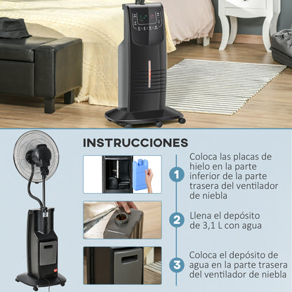 Ventilador de Pie Oscilante con Nebulizador 90W con Control Remoto 5 Aspas Tanque de Agua 3,1 L 44,5x44,5x135 cm Negro