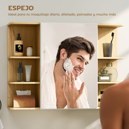 Armario de Espejo de Baño con Estantes Abiertos de Almacenamiento - Acabado en Madera Natural