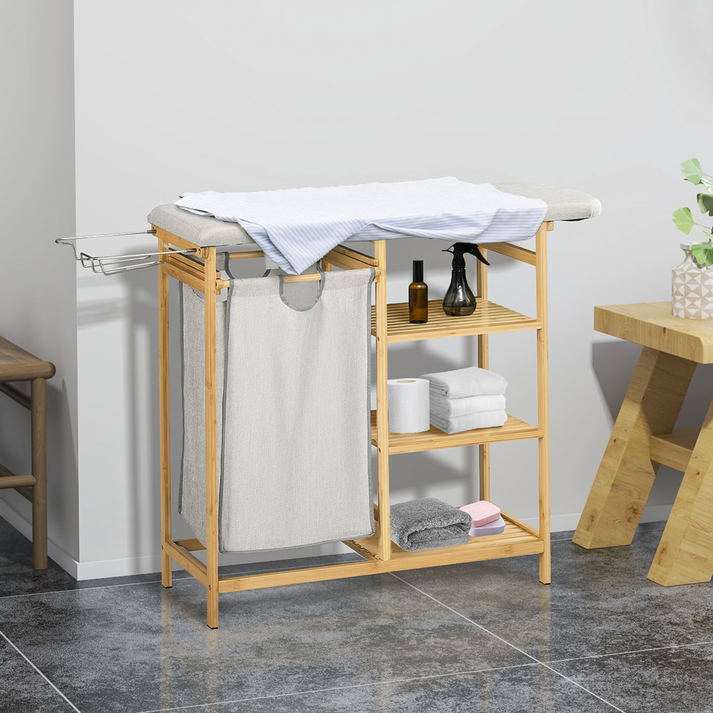 Cesto de Ropa Sucia 57,4L con Tabla de Planchar Soporte para Plancha 3 Estantes y Bolsa Extraíble 113x34x82 cm Natural