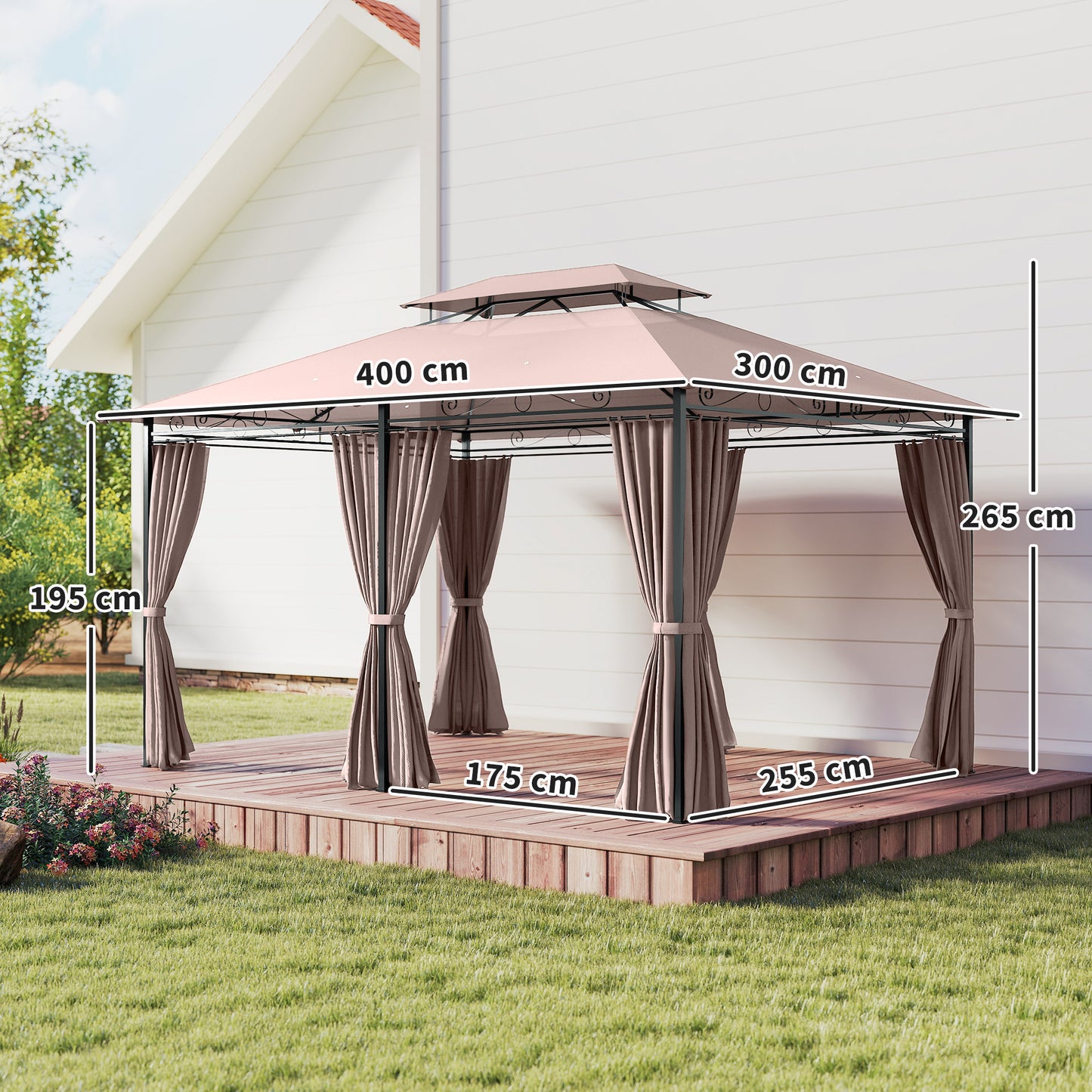Gazebo de Jardín 4x3m con Doble Techo y Cortinas Laterales en Acero y Poliéster, Color Caqu