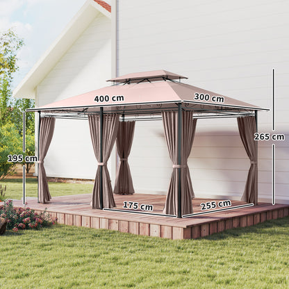 Gazebo de Jardín 4x3m con Doble Techo y Cortinas Laterales en Acero y Poliéster, Color Caqu