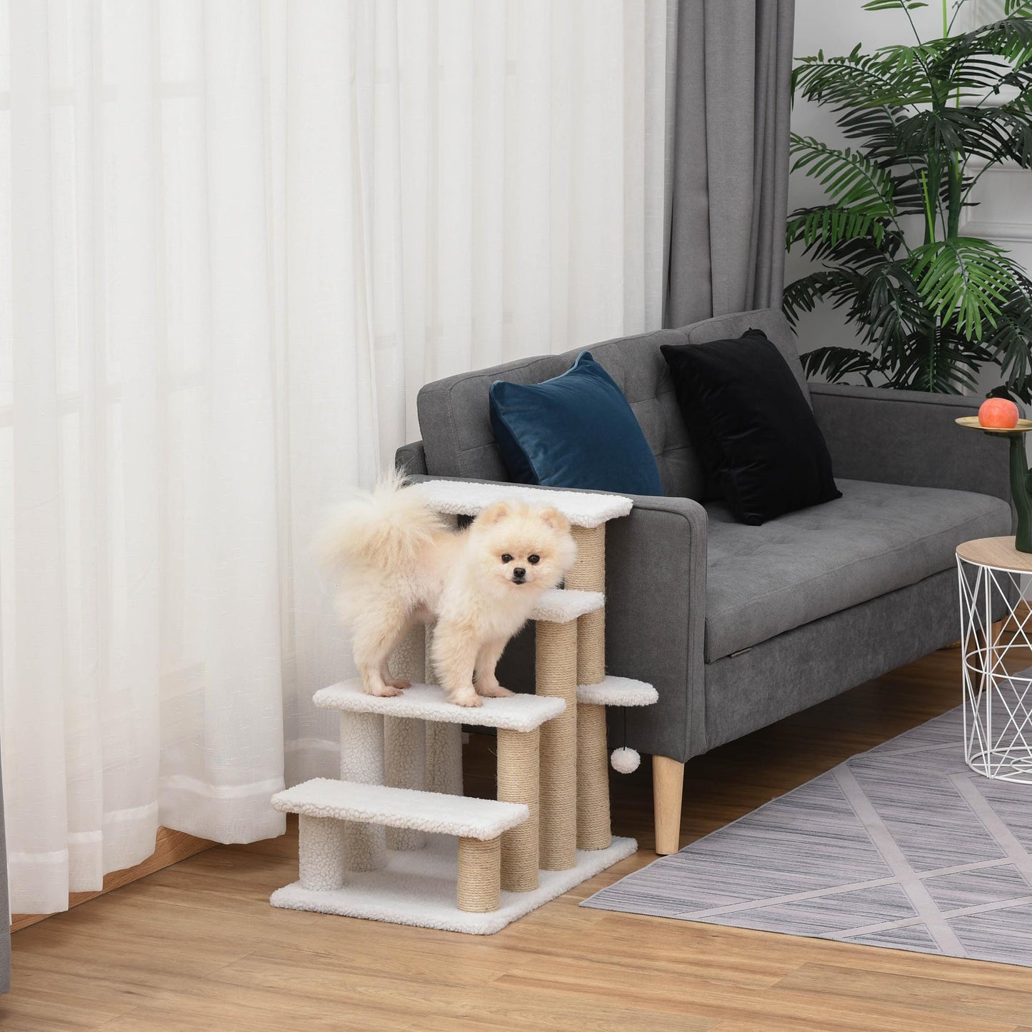 Escalera para Mascotas con Escalón de 4 Peldaños, Rascadores, Plataformas, Pelota de Juguete, para Gatos y Gatitos Mayores de Interior, Blanco