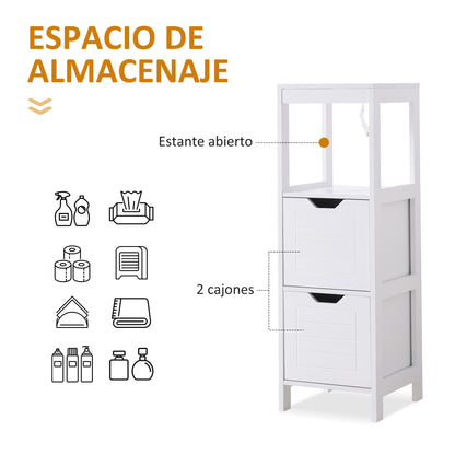 Armario de Baño Gabinete Multifuncional con Estante Abierto 2 Cajones de Almacenaje Diseño Antivuelco 30x30x89 cm Blanco