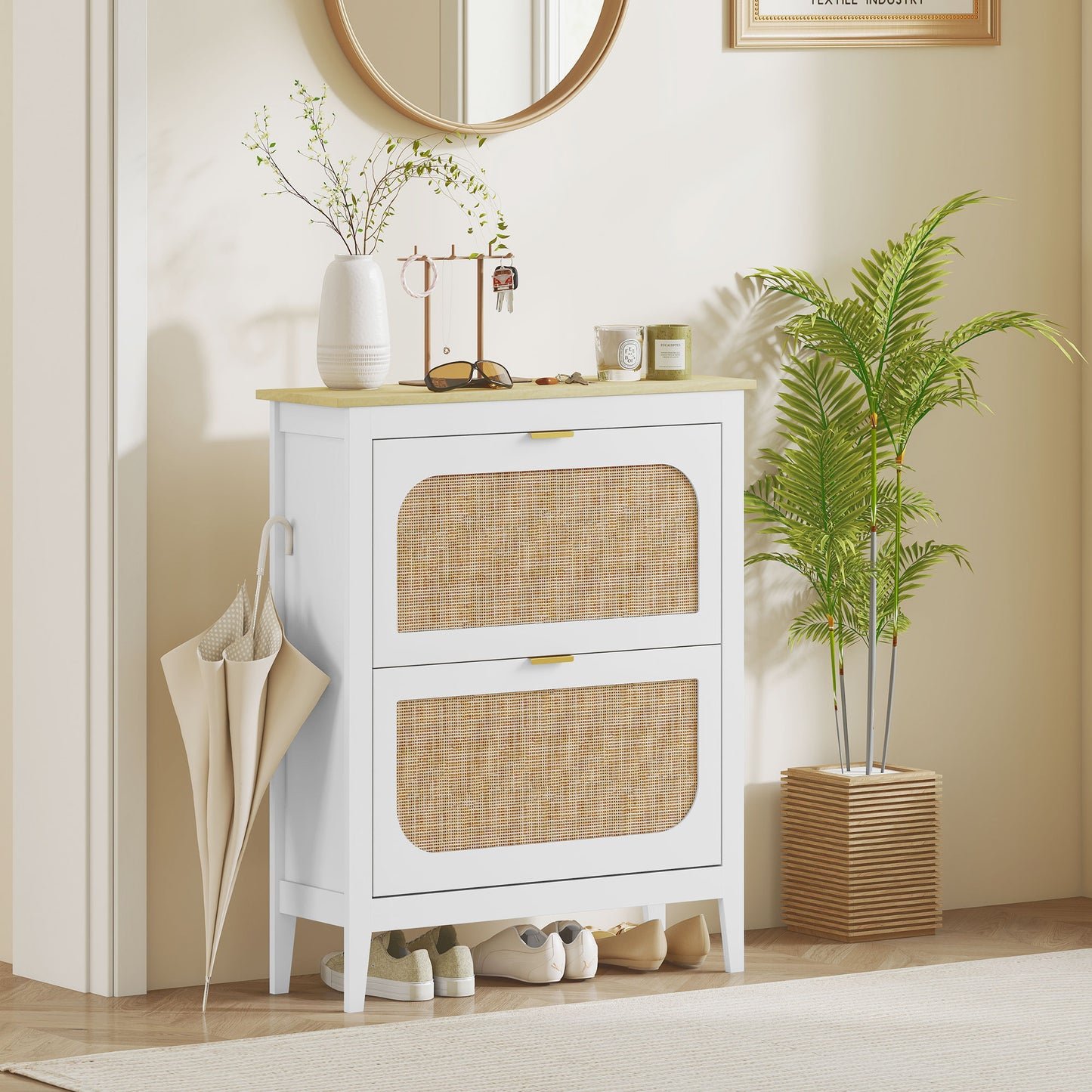 Armario estrecho para zapatos, gabinete delgado estilo boho con 2 cajones abatibles, capacidad para 14 pares, blanco