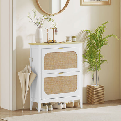 Armario estrecho para zapatos, gabinete delgado estilo boho con 2 cajones abatibles, capacidad para 14 pares, blanco
