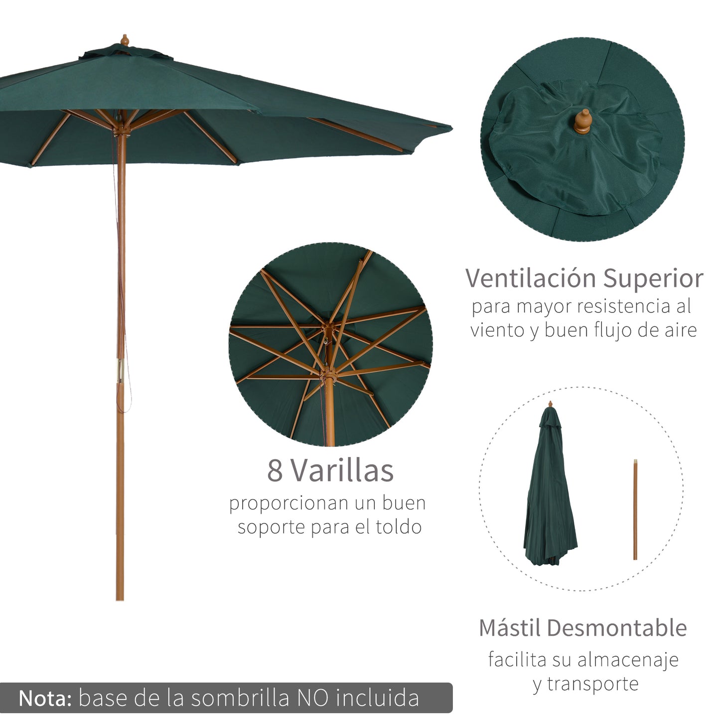Sombrilla de patio de madera de 3(m), parasol de jardín operado por polea con mecanismo de cuerda y 8 varillas, verde oscuro