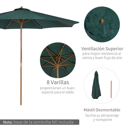 Sombrilla de patio de madera de 3(m), parasol de jardín operado por polea con mecanismo de cuerda y 8 varillas, verde oscuro