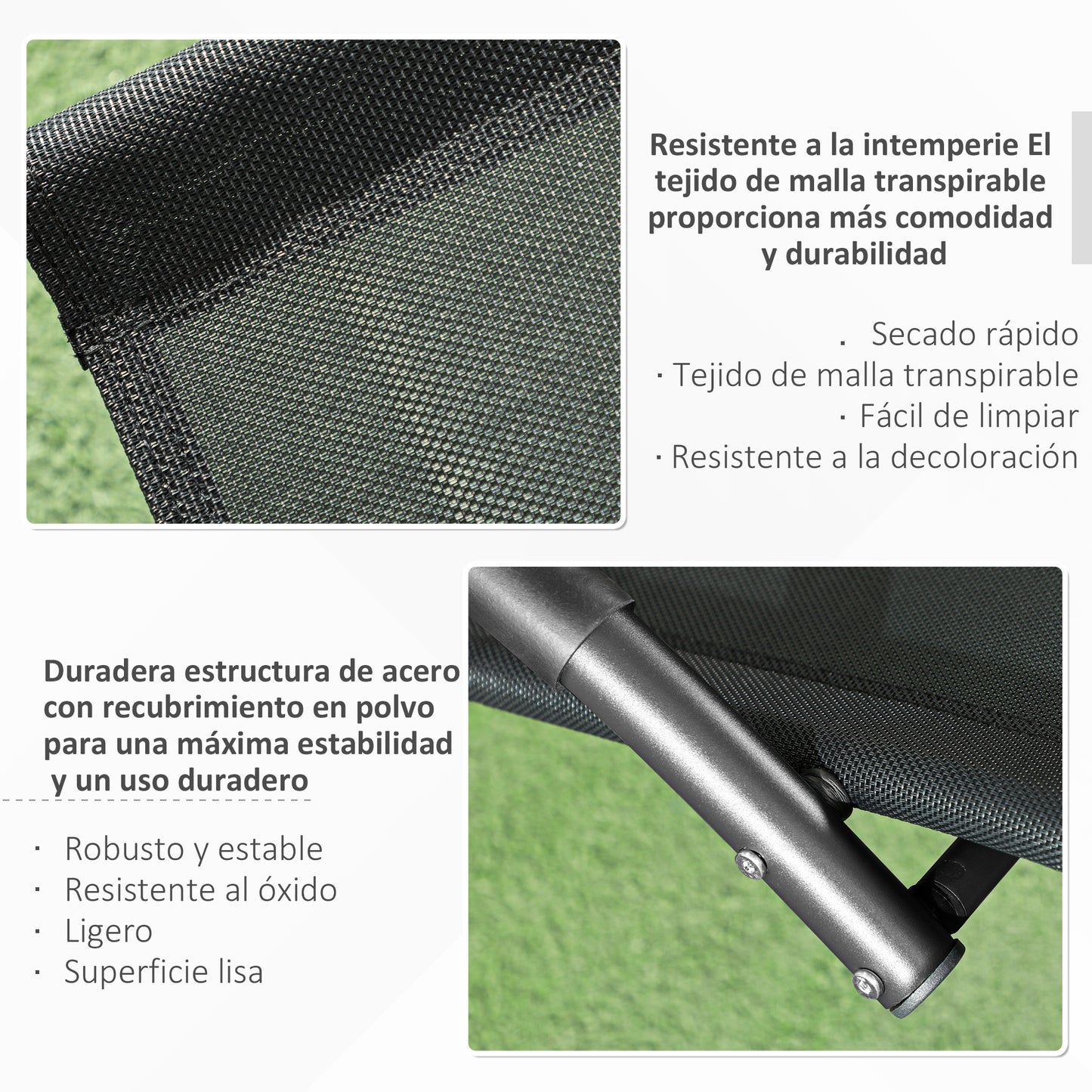 Tumbona Mecedora con Reposacabezas Reposabrazos y Marco Metálico Carga 120 kg para Interior y Exterior 155x61x88cm Negro