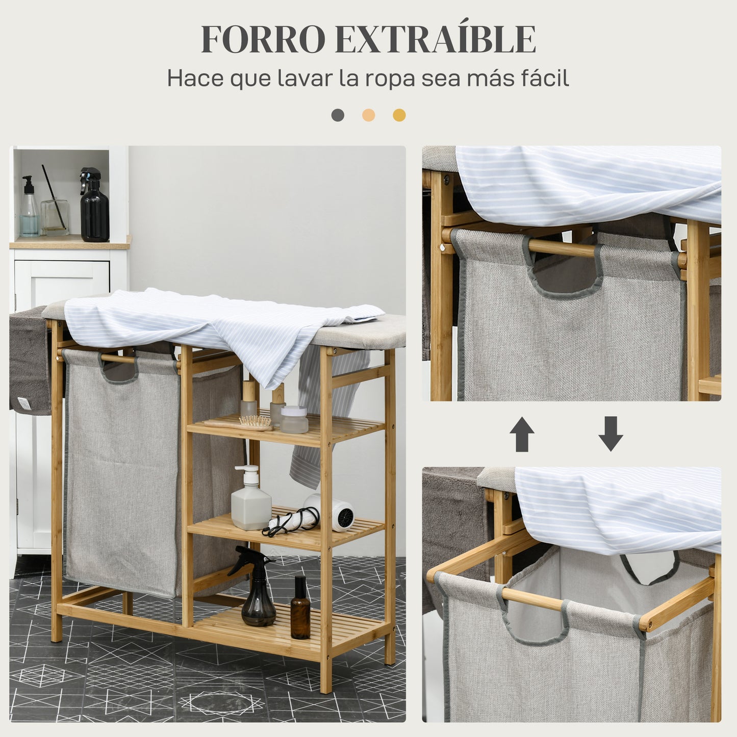 Cesto de Ropa Sucia 57,4L con Tabla de Planchar Soporte para Plancha 3 Estantes y Bolsa Extraíble 113x34x82 cm Natural