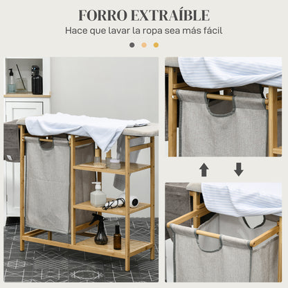 Cesto de Ropa Sucia 57,4L con Tabla de Planchar Soporte para Plancha 3 Estantes y Bolsa Extraíble 113x34x82 cm Natural