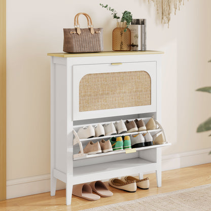 Armario estrecho para zapatos, gabinete delgado estilo boho con 2 cajones abatibles, capacidad para 14 pares, blanco