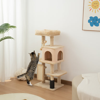Árbol Rascador para Gatos Altura 104cm con Plataformas Poste con Cepillo Bolas Colgantes y Almohadilla para Rascar Beige