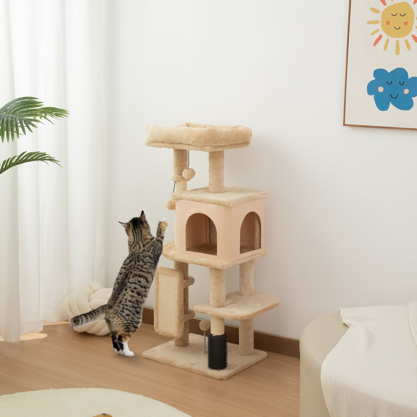Árbol Rascador para Gatos Altura 104cm con Plataformas Poste con Cepillo Bolas Colgantes y Almohadilla para Rascar Beige