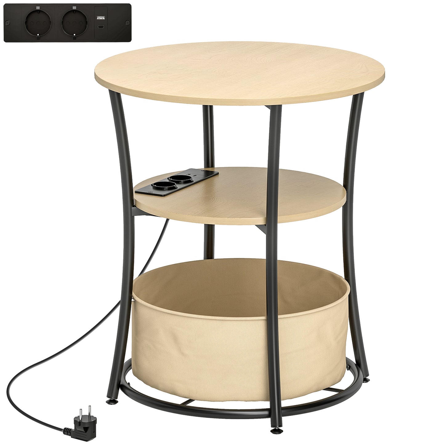 Mesa Auxiliar Redonda de 3 Niveles con Estación de Carga 3 Estantes y Bolsa para Salón Dormitorio Ø50x55,1 cm Natural