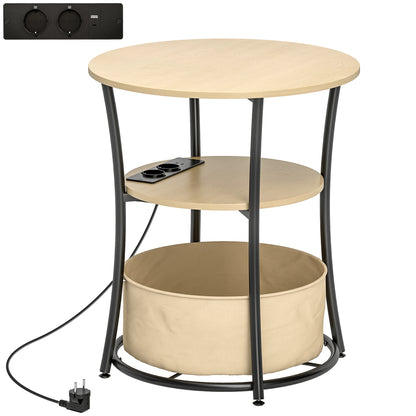 Mesa Auxiliar Redonda de 3 Niveles con Estación de Carga 3 Estantes y Bolsa para Salón Dormitorio Ø50x55,1 cm Natural