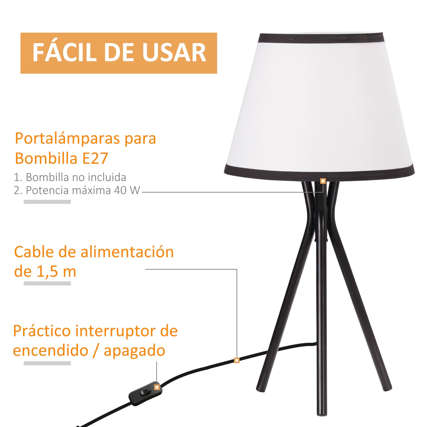 Lámpara de Mesa con Trípode de Metal Lámpara de Escritorio con Pantalla de Tela y Casquillo E27 Máx. 40W Estilo Moderno para Dormitorio Salón Ø25x50 cm Blanco y Negro