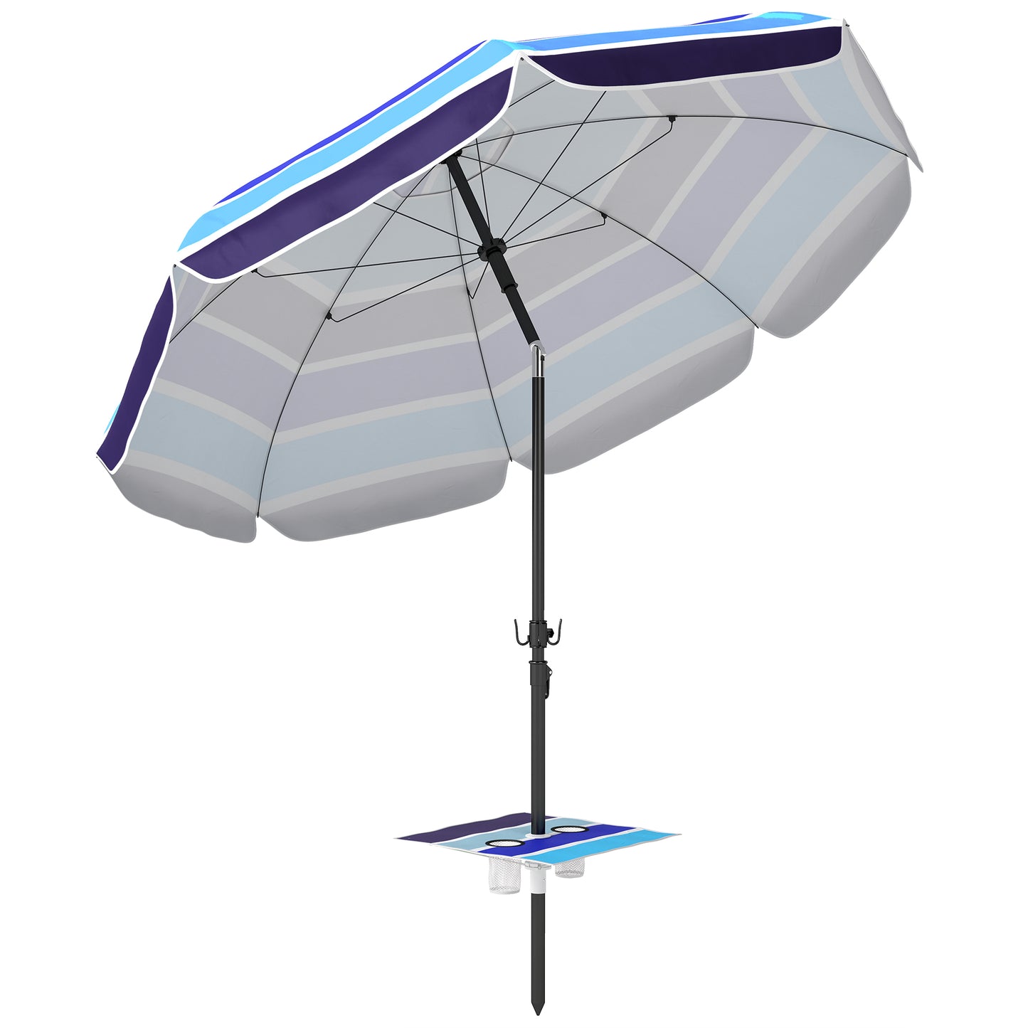 Sombrilla de Playa con Mesa Plegable y Portavasos Ø198 cm Altura Ajustable Inclinación Bolsa de Transporte Multicolor