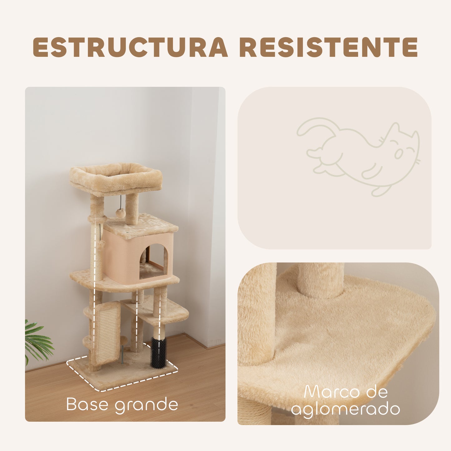 Árbol Rascador para Gatos Altura 104cm con Plataformas Poste con Cepillo Bolas Colgantes y Almohadilla para Rascar Beige
