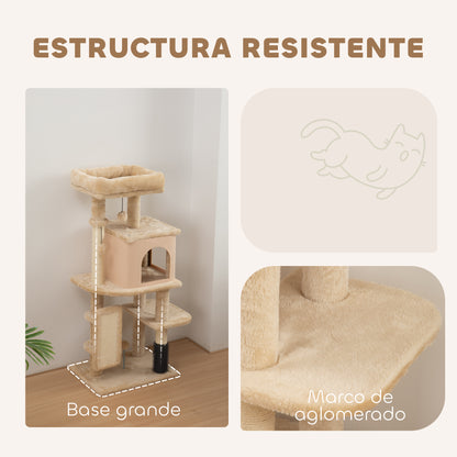 Árbol Rascador para Gatos Altura 104cm con Plataformas Poste con Cepillo Bolas Colgantes y Almohadilla para Rascar Beige