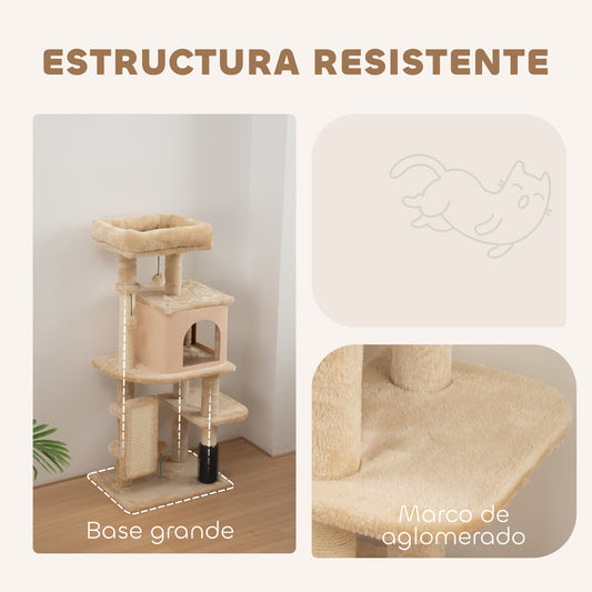 Árbol Rascador para Gatos Altura 104cm con Plataformas Poste con Cepillo Bolas Colgantes y Almohadilla para Rascar Beige