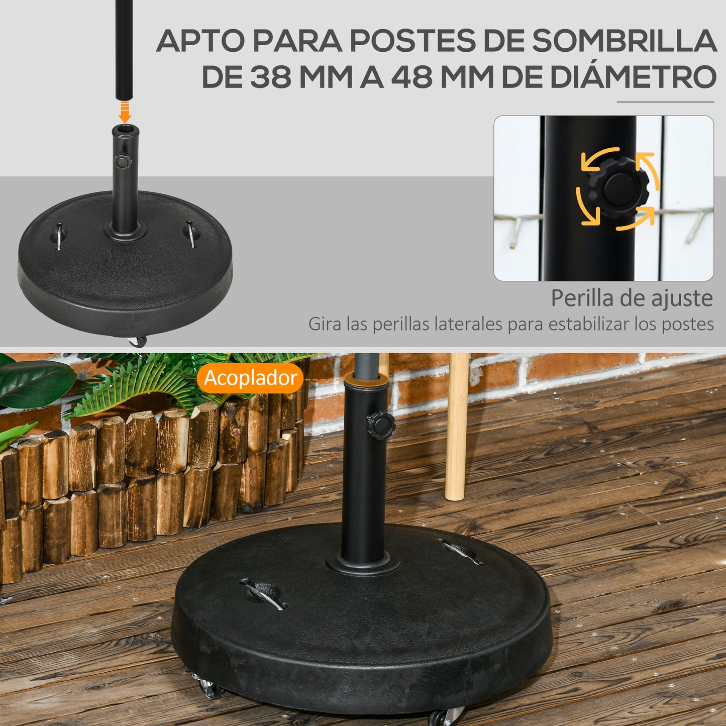 Base para Sombrilla de Resina de 25 kg con Ruedas y Asa Retráctil para Postes de Ø38/48 mm Ø53x41 cm Negro