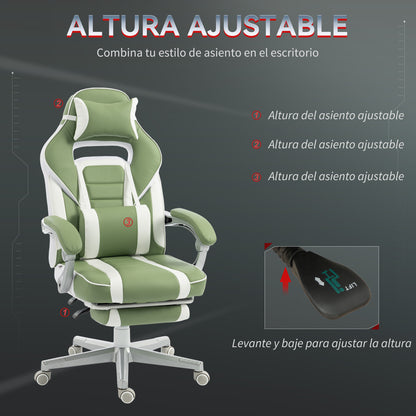 Silla Gamer Reclinable con Altura Ajustable Reposapiés Retráctil Soporte Lumbar y Reposacabezas Desmontable Verde