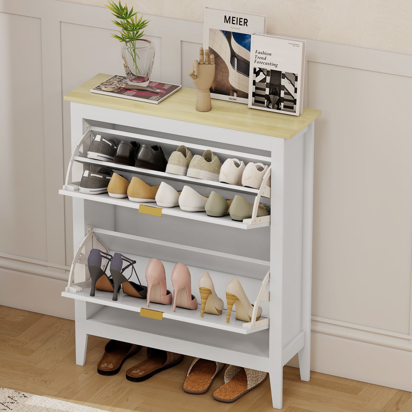 Armario estrecho para zapatos, gabinete delgado estilo boho con 2 cajones abatibles, capacidad para 14 pares, blanco
