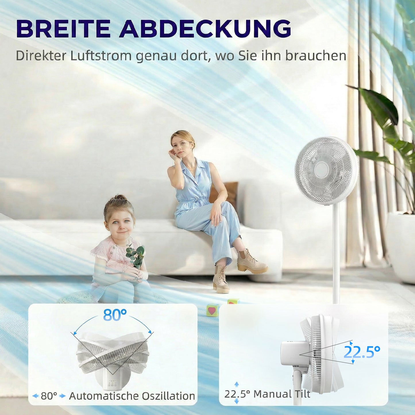 Ventilador de Pie con Control Remoto Altura Ajustable 4 Velocidades Oscilación 80° Temporizador 10H Pantalla LED Blanco