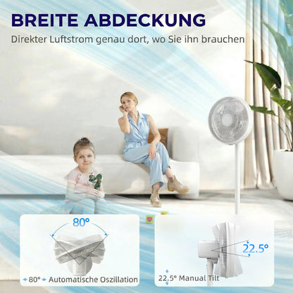 Ventilador de Pie con Control Remoto Altura Ajustable 4 Velocidades Oscilación 80° Temporizador 10H Pantalla LED Blanco