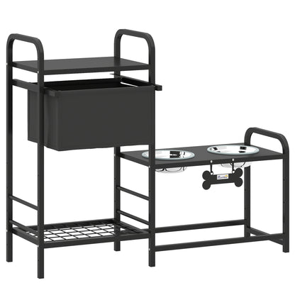 Comedero Perro Elevado con Cajón de Tela 2 Cuencos de Acero Inoxidable 2x800 ml Altura Ajustable 2 Estantes Negro