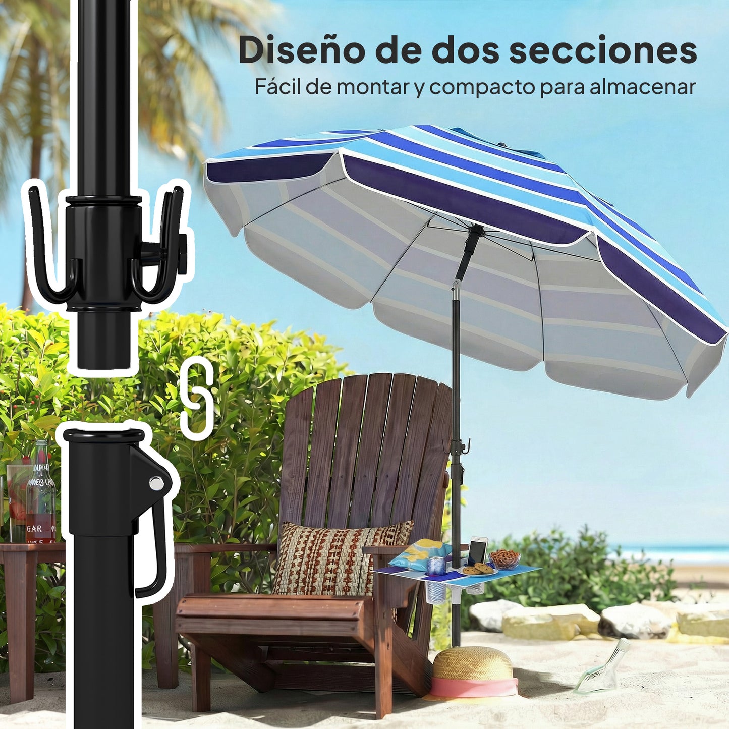 Sombrilla de Playa con Mesa Plegable y Portavasos Ø198 cm Altura Ajustable Inclinación Bolsa de Transporte Multicolor