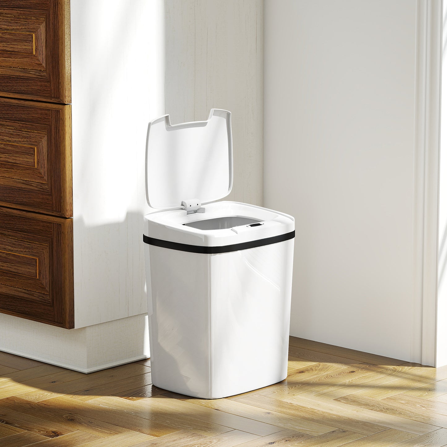 Cubo de sensor de 15L, cubo de cocina automático sin contacto, fácil de limpiar, funciona con batería para hogar, oficina, dormitorio, baño, blanco