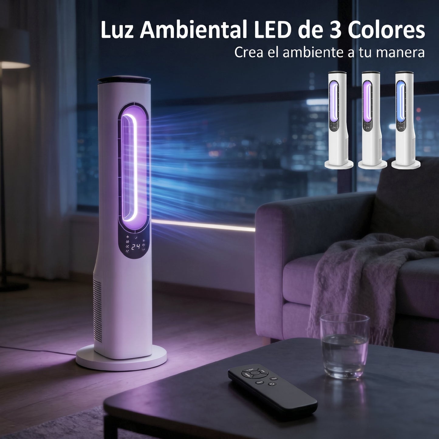 Ventilador de Torre sin Aspas con Luces LED Control Remoto 3 Velocidades 3 Modos Temporizador 15H Oscilación 50° Blanco