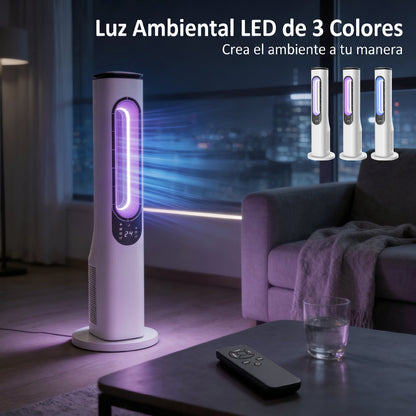 Ventilador de Torre sin Aspas con Luces LED Control Remoto 3 Velocidades 3 Modos Temporizador 15H Oscilación 50° Blanco