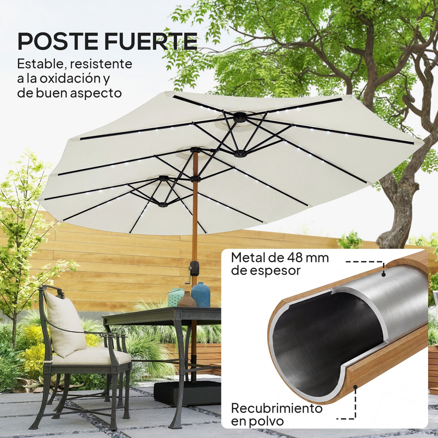 Sombrilla de jardín de doble cara con base incluida y 48 luces LED solares. Manivela para sombrilla de patio de 4,6 m, color blanco crema.
