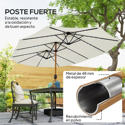 Sombrilla de jardín de doble cara con base incluida y 48 luces LED solares. Manivela para sombrilla de patio de 4,6 m, color blanco crema.