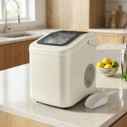 Máquina de Hielo Autolimpiable 12 kg/24H 9 Cubitos Listos en 7 Minutos 2 Tamaños de Hielo 1,2L Depósito Beige