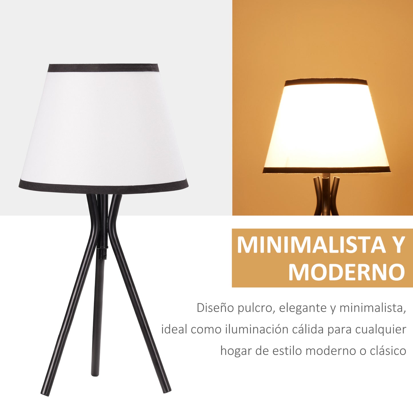Lámpara de Mesa con Trípode de Metal Lámpara de Escritorio con Pantalla de Tela y Casquillo E27 Máx. 40W Estilo Moderno para Dormitorio Salón Ø25x50 cm Blanco y Negro