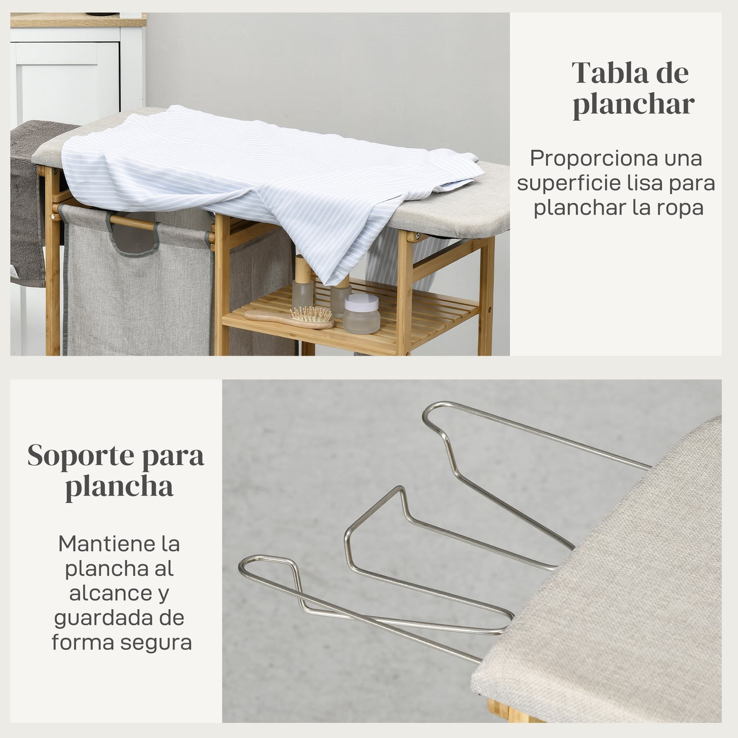 Cesto de Ropa Sucia 57,4L con Tabla de Planchar Soporte para Plancha 3 Estantes y Bolsa Extraíble 113x34x82 cm Natural