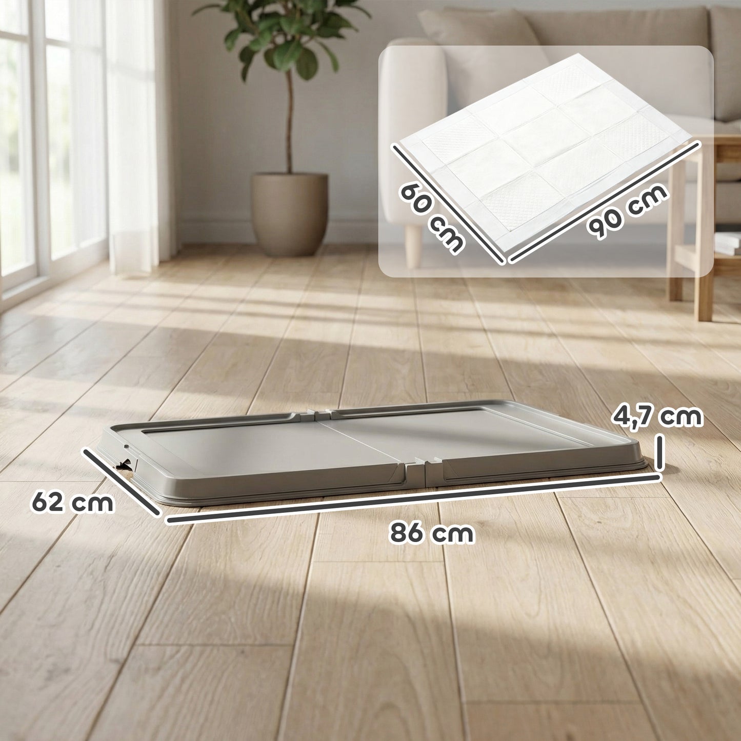 Inodoro para Perros Plegable 86x62 cm Bandeja Sanitaria Perros Entrenamiento 3 Almohadillas Pies Antideslizantes Gris