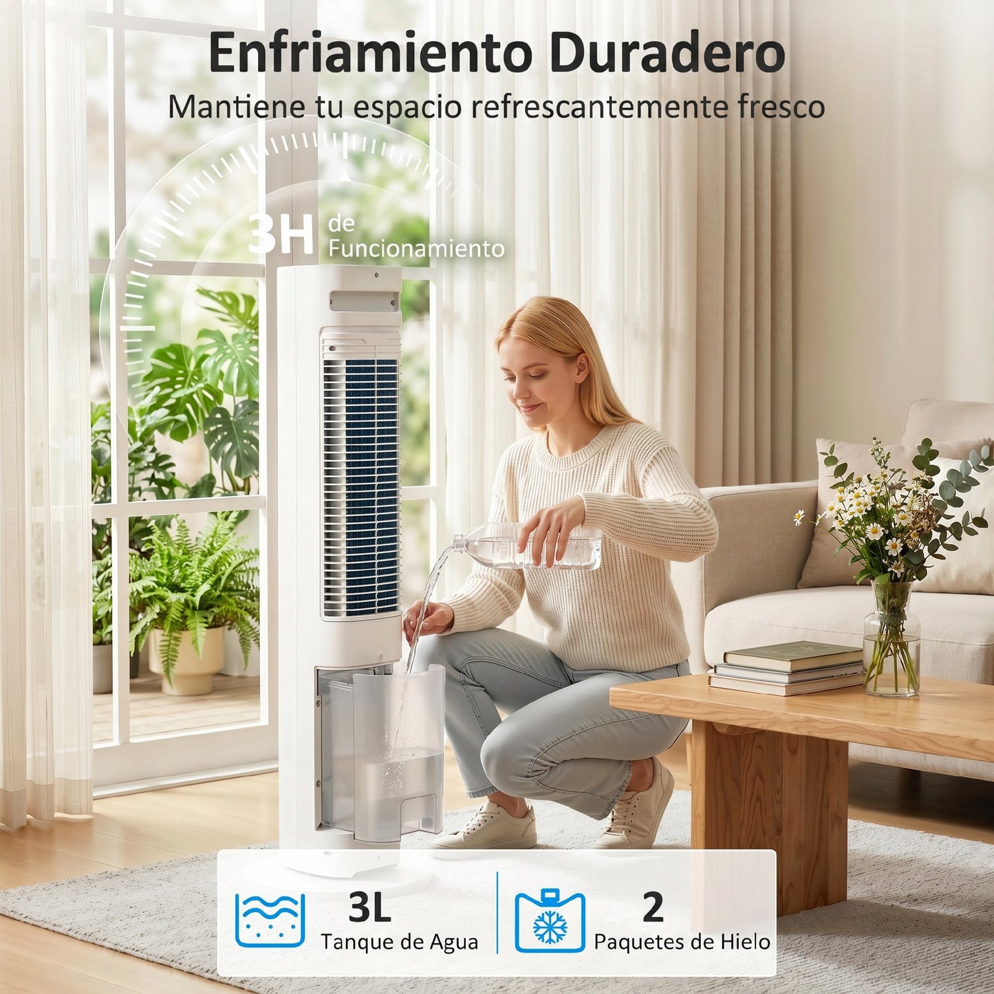 Climatizador Evaporativo 3 en 1 con Depósito de 3 L Oscilación 48° 3 Velocidades 3 Modos Temporizador 12h Blanco