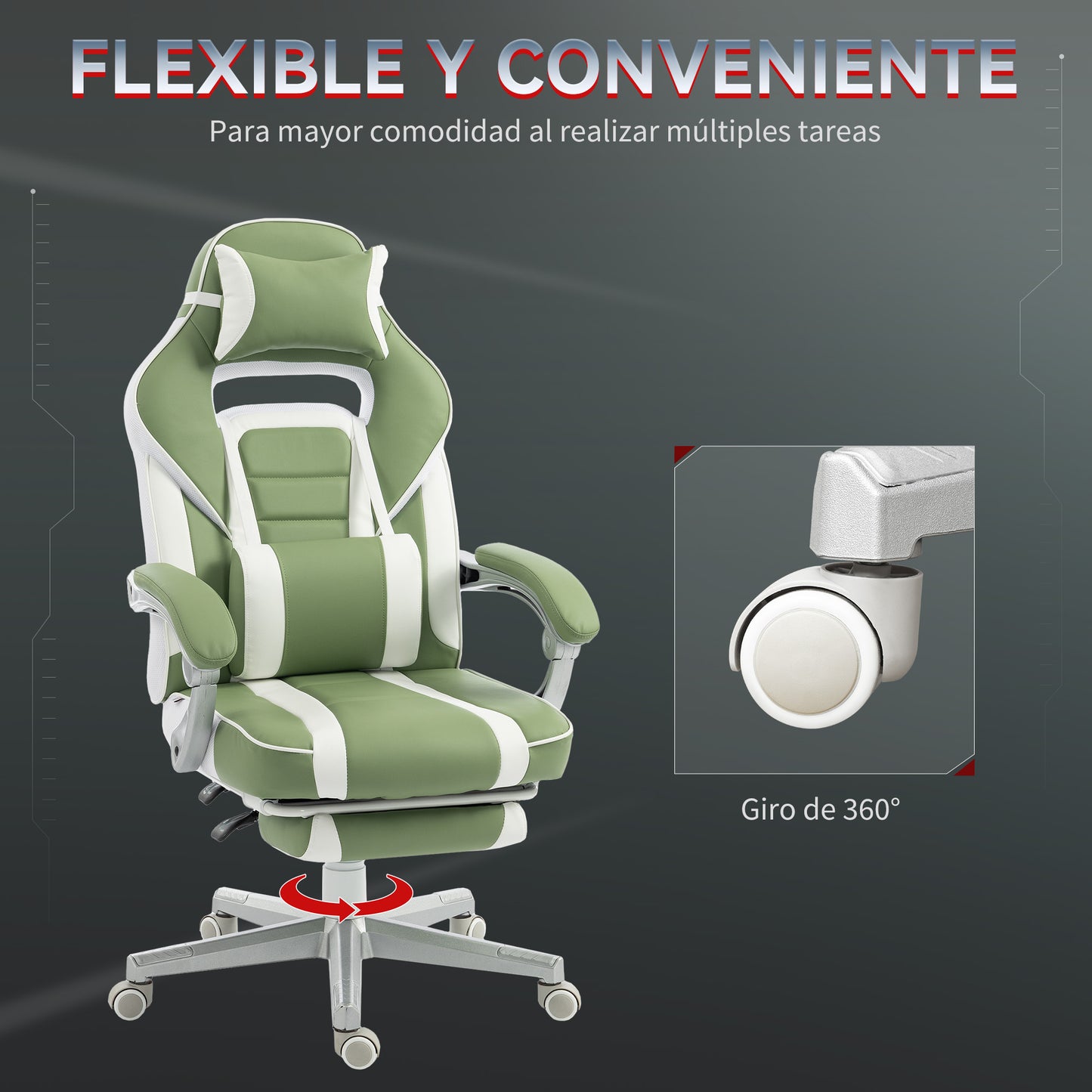 Silla Gamer Reclinable con Altura Ajustable Reposapiés Retráctil Soporte Lumbar y Reposacabezas Desmontable Verde