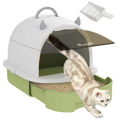Arenero Cerrado para Gatos con Bandeja Extraíble Filtro de Carbono Pala y Asa Superior 40,5x52x39 cm Blanco y Verde