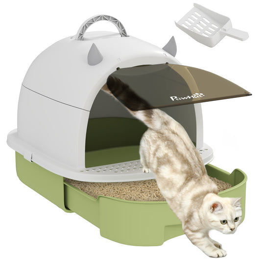 Arenero Cerrado para Gatos con Bandeja Extraíble Filtro de Carbono Pala y Asa Superior 40,5x52x39 cm Blanco y Verde