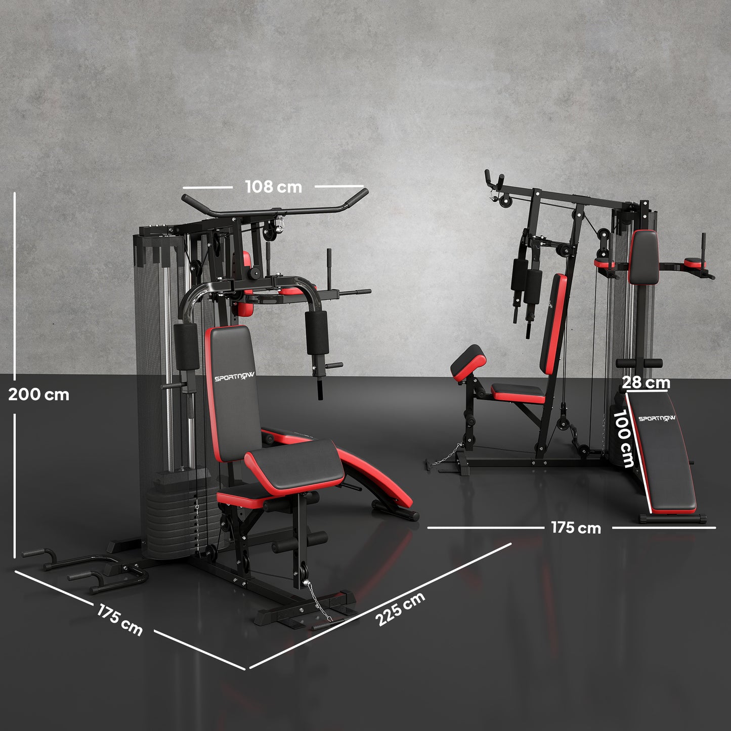 Multiestación de Musculación con Placas de Peso de 45 kg Carga Max. 110 kg para Entrenamiento 225x175x200 cm Negro