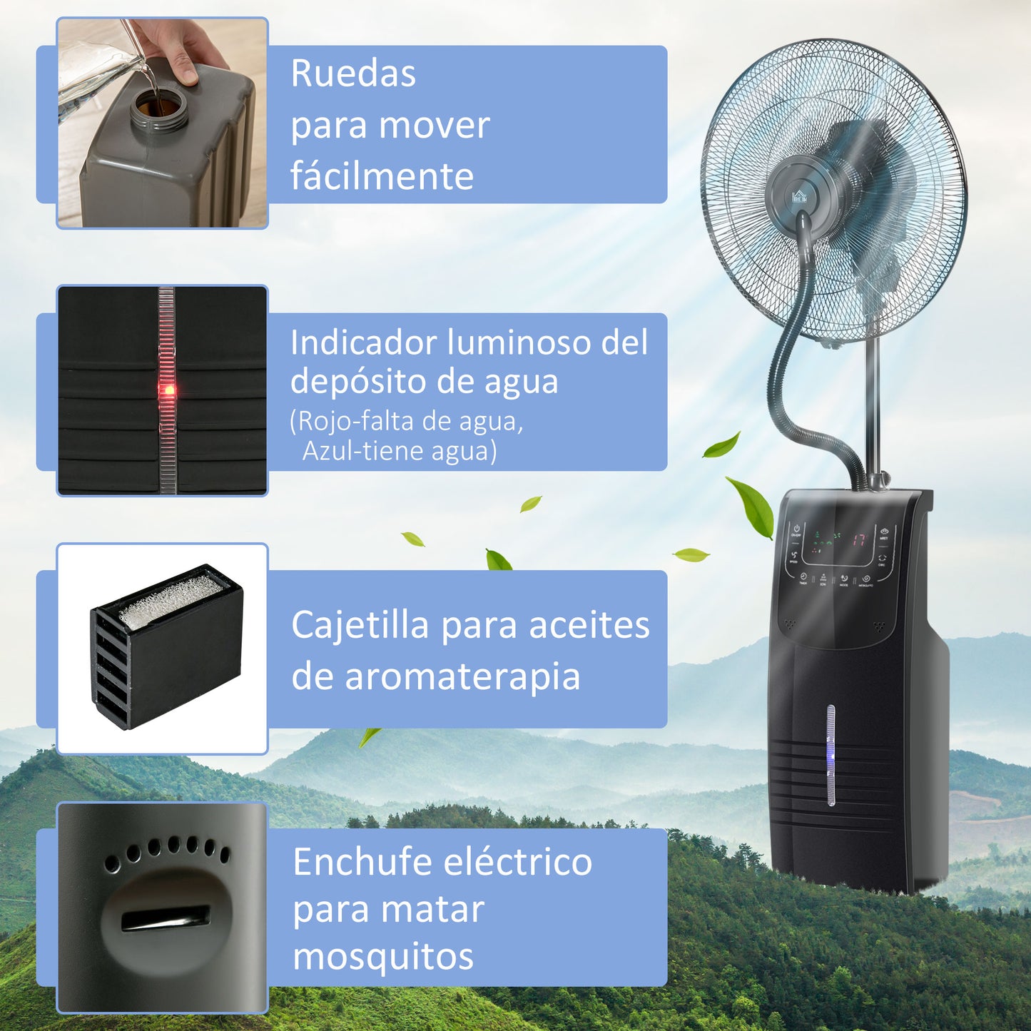 Ventilador de Pie Oscilante con Nebulizador 90W con Control Remoto 5 Aspas Tanque de Agua 3,1 L 44,5x44,5x135 cm Negro