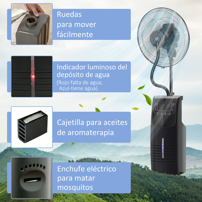 Ventilador de Pie Oscilante con Nebulizador 90W con Control Remoto 5 Aspas Tanque de Agua 3,1 L 44,5x44,5x135 cm Negro