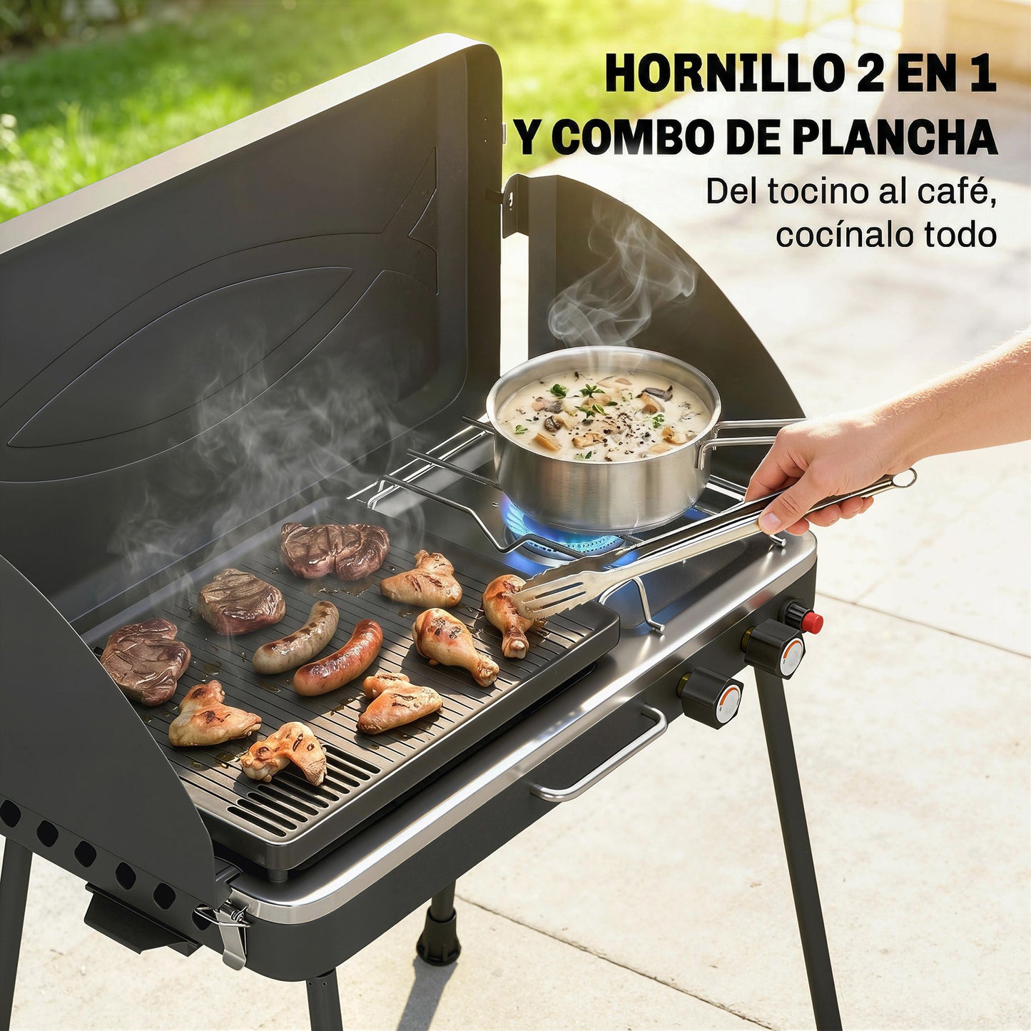 Barbacoa de Gas Portátil 2 en 1 Propano 7 kW de Mesa o de Pie con Plancha Grande Patas Desmontables Negro