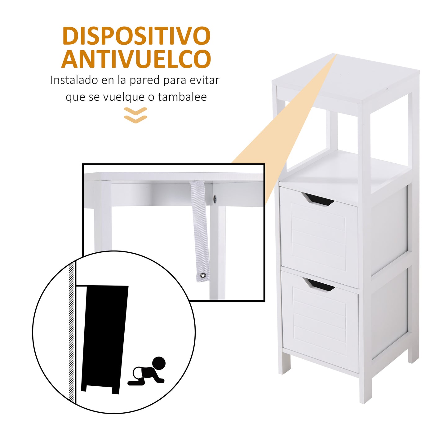 Armario de Baño Gabinete Multifuncional con Estante Abierto 2 Cajones de Almacenaje Diseño Antivuelco 30x30x89 cm Blanco