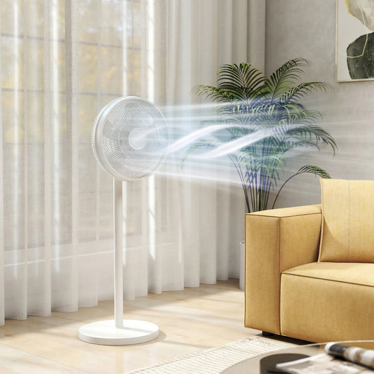 Ventilador de Pie con Control Remoto Altura Ajustable 4 Velocidades Oscilación 80° Temporizador 10H Pantalla LED Blanco